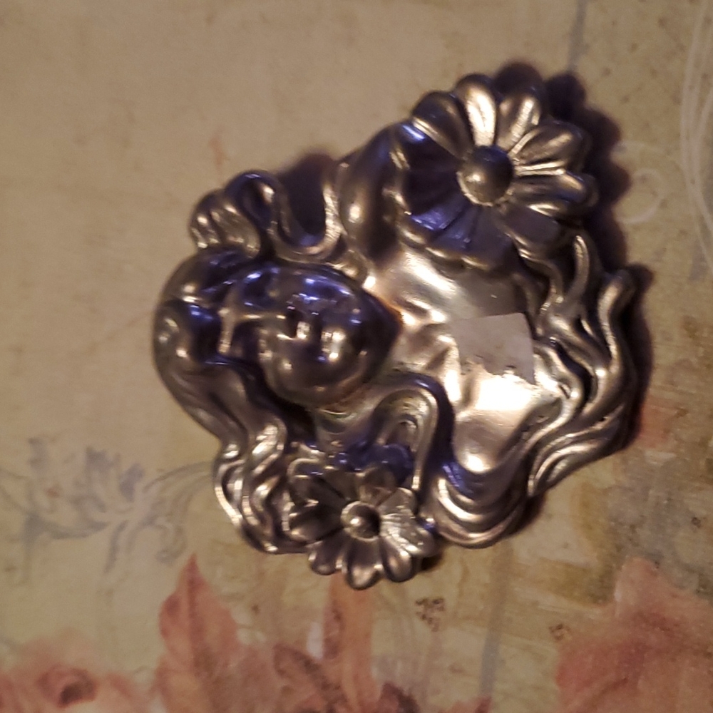 Large Elias Silver Pewter Art Nouveau Style Brooch Pin Maiden Flowing Hair